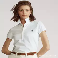Women's Summer Five-Button Pony Embroidery Solid Plus Size Slim Fit Short Sleeve Polo T-Shirt with Letter Embroidery