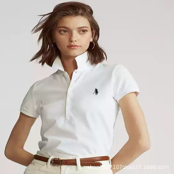 Women's Summer Five-Button Pony Embroidery Solid Plus Size Slim Fit Short Sleeve Polo T-Shirt with Letter Embroidery