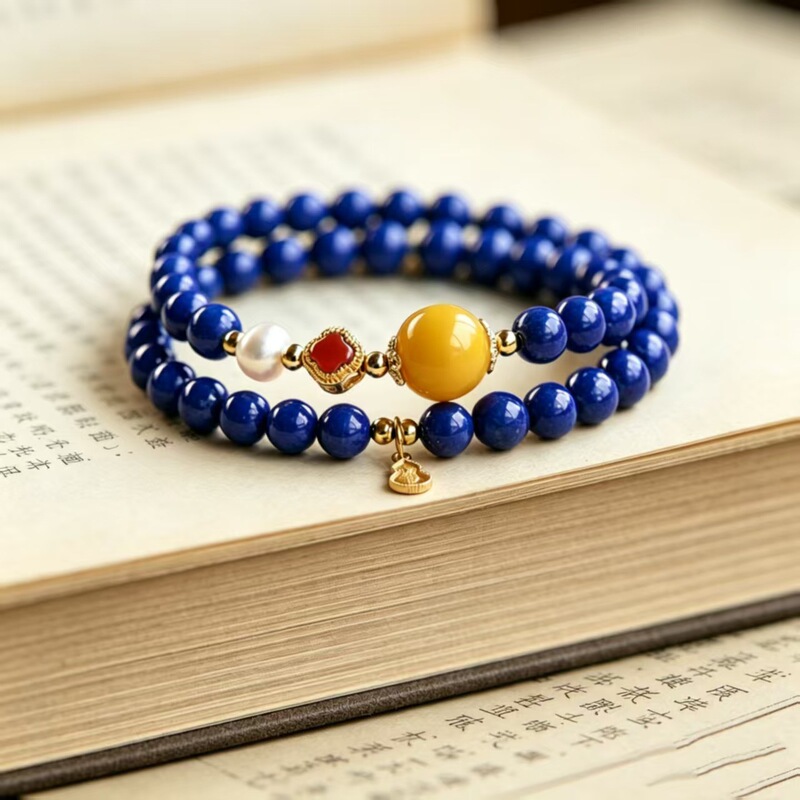 Natural Lapis Lazuli Multi-Circle Bracelet with Imperial Green Color, Attracting Wealth and Blessings, Paired with a Peace Charm and Silver Fortune Pendant, Collectible Jewelry