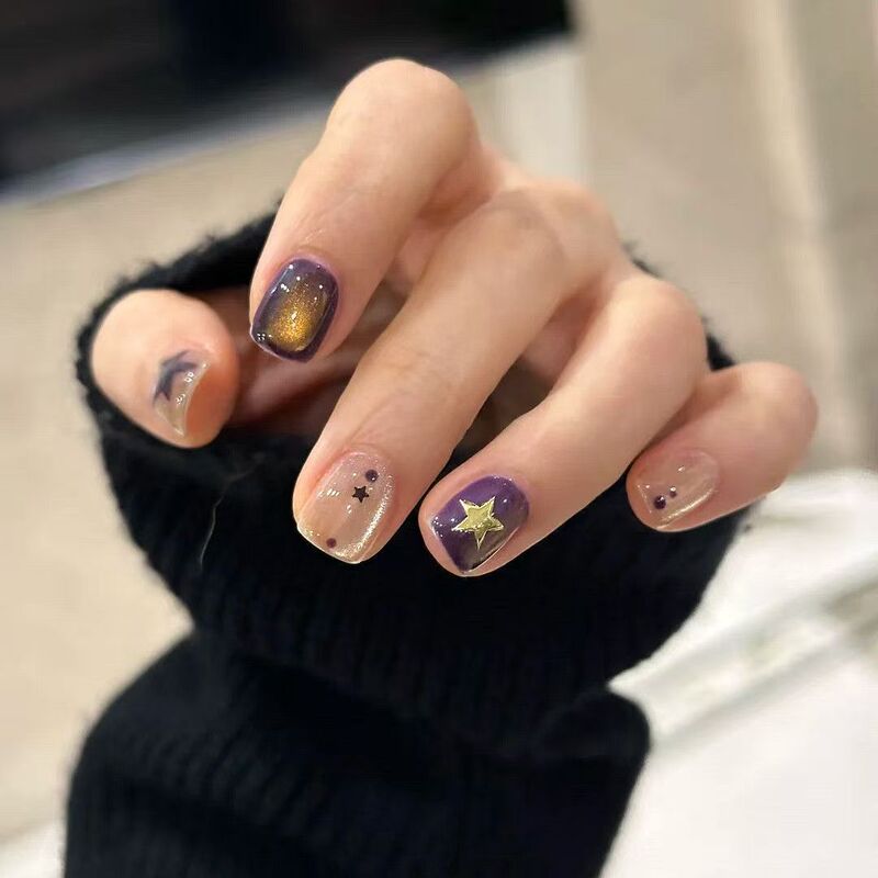 Handmade Nail Art with Purple and Gold Color-Blocking, Gold-Plated Star Cat-Eye Nail Pieces, Sweet and Cool Vibe, Brightening Effect, Versatile Nail Stickers Handmade Nail Art with Purple and Gold Color-Blocking, Gold-Plated Star Cat-Eye Nail Pieces, Sweet and Cool Vibe, Brightening Effect, Versatile Nail Stickers