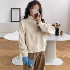 欧美秋冬新款半拉链毛衣女套头高级感宽松慵懒风纯色针织衫翻领上