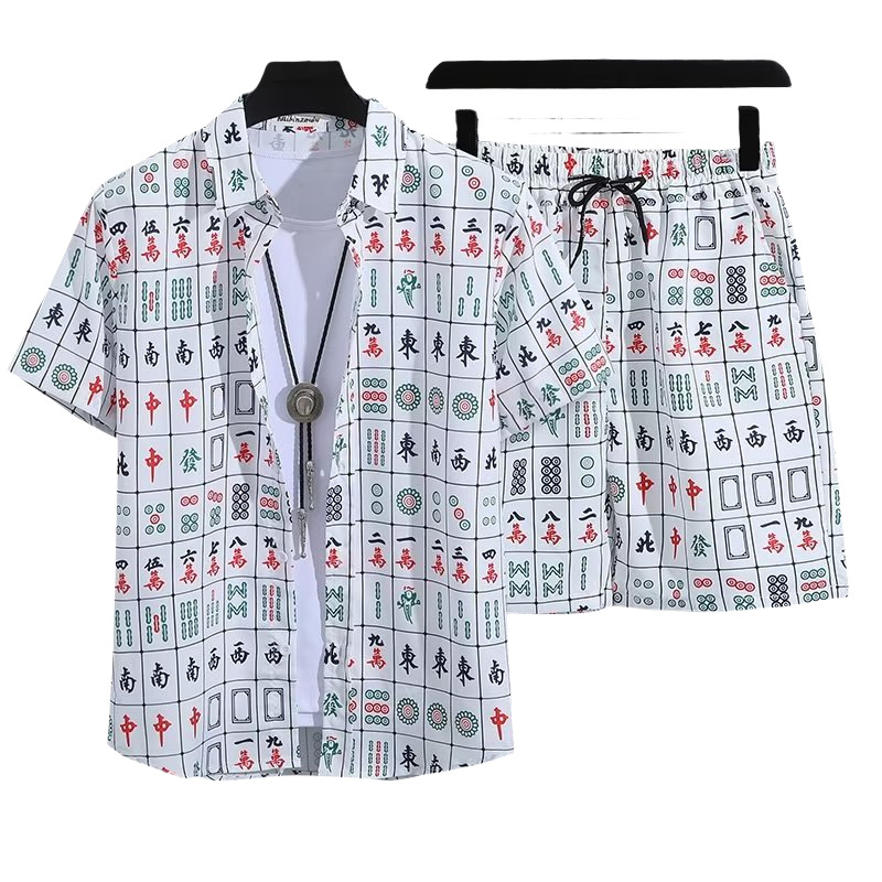 200斤大码麻将套装短袖衬衫国潮风男女同款情侣装一套夏季趣味潮