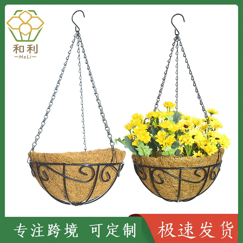 Новая подставка для цветов кокосовой пальмы, висящая из железа, подвесная корзина, балконное ограждение с кокосовой коричневой железной цепью, набор подвесных синих цветочных горшков
