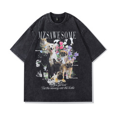 TKPA夏季原宿學院風狗狗印花做舊短袖T恤男女街頭復古半袖tee恤潮