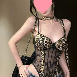 网纱连体豹纹吊带背心女夏美式热辣妹性感鱼骨抹胸小上衣绝美