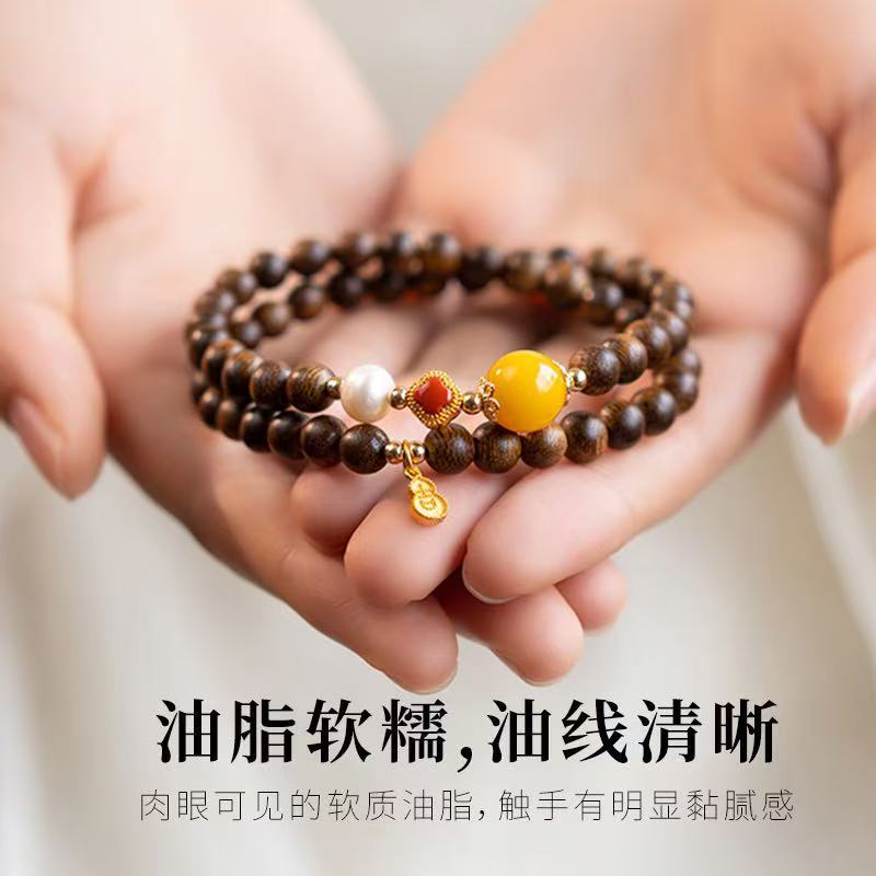 沉香手串白香木双圈小米珠手链莲花转运珠女新中式叠戴金莲