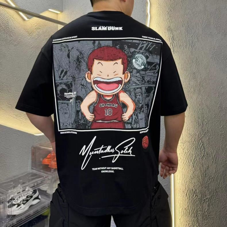 2024 Men's Summer New Curved Short Sleeve Men's T-Shirt Slam Dunk Pattern Youth Loose Trendy Street Tuxedo