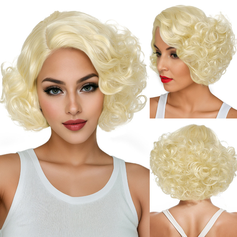 Cross-Border European and American Golden Marilyn Monroe Fluffy Women's Short Curly Hair American-Style Sexy Side-Parted Wig Wholesale in Stock