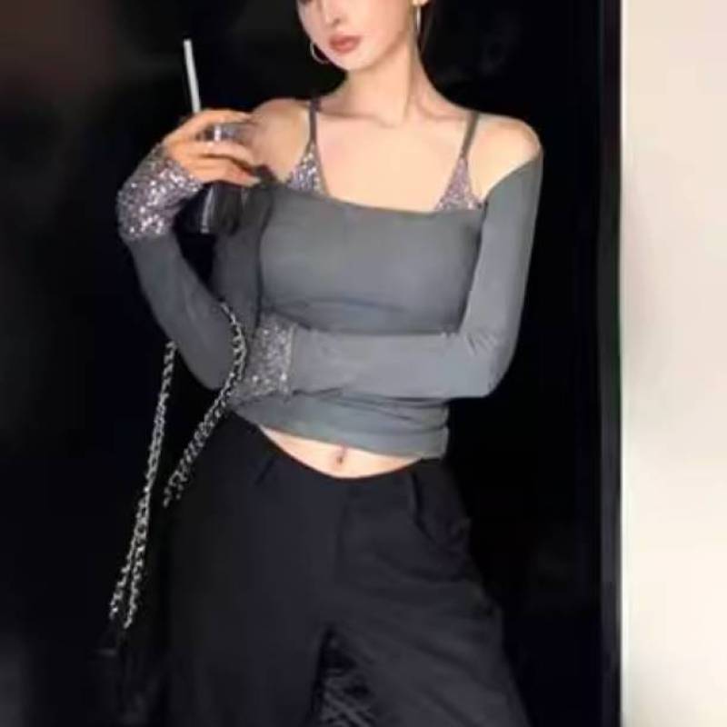 Trendy Black Faux Two-Piece Sequin Off-Shoulder Long-Sleeve T-Shirt for Women, Slim Fit, Short Top Trendy Black Faux Two-Piece Sequin Off-Shoulder Long-Sleeve T-Shirt for Women, Slim Fit, Short Top