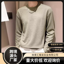 春夏新款韩国男装代购纯色褶皱纹理圆领弹力休闲长袖T恤男
