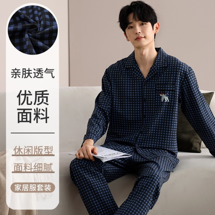 现货情侣纯棉睡衣秋季长袖长裤翻领全棉家居服两件套一件代发包邮|undefined