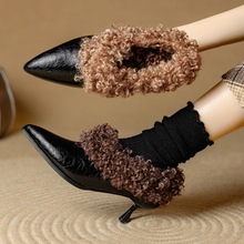 2024冬新款牛皮尖头显瘦高跟及裸靴加绒时尚深口细跟卷毛毛鞋40码