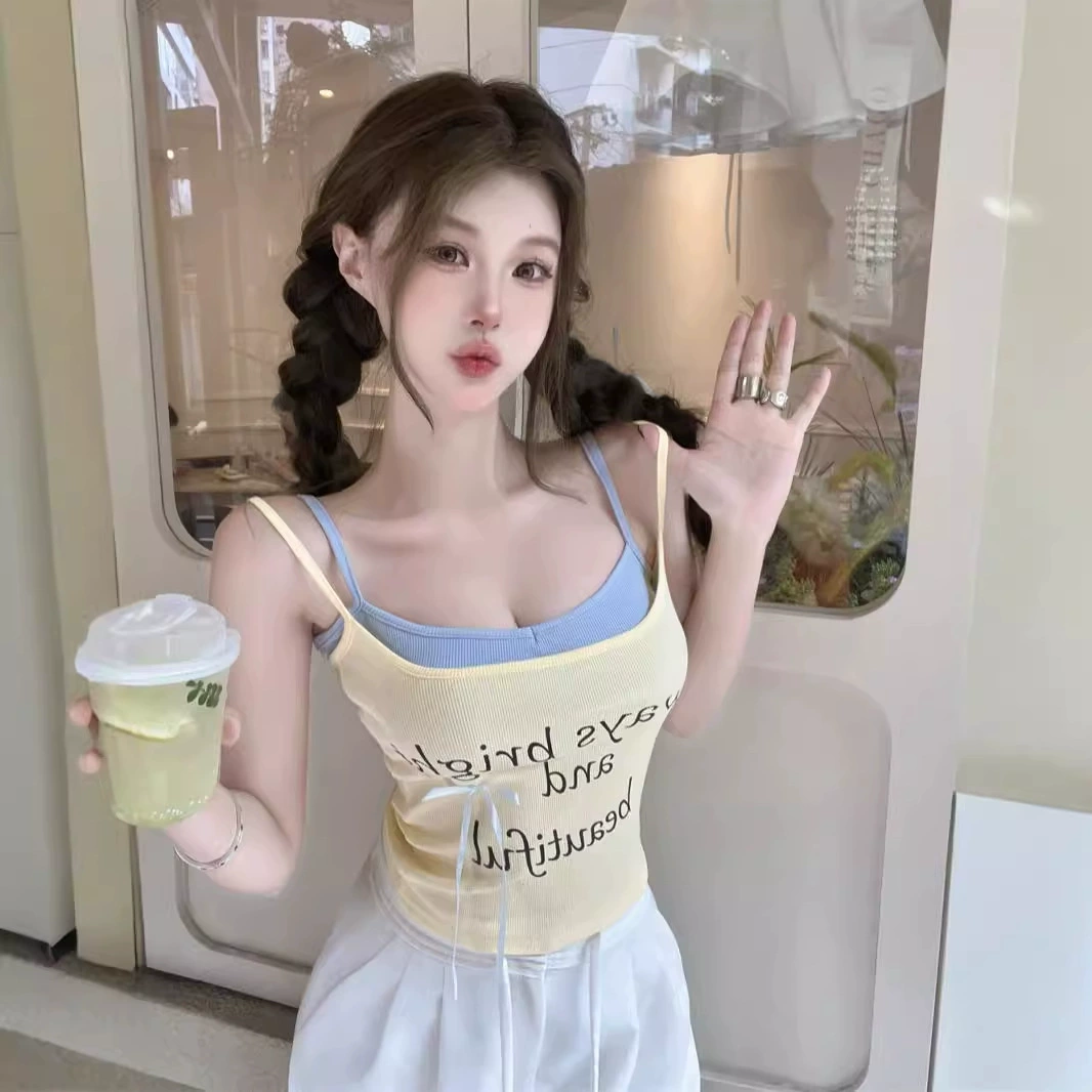 Сладкий и пряный допамин носить бант жилет камзол женский летний 2024 новый дизайн чувство буквенного принта топ