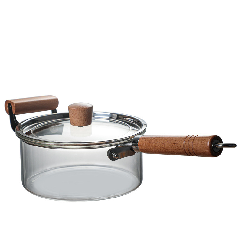 Transfronterizo de alta borosilicona de vidrio de silicio de aluminio de madera de mango de panela transparente con tapa de panela de leche casera de doble oreja de gran capacidad de panela de vidrio