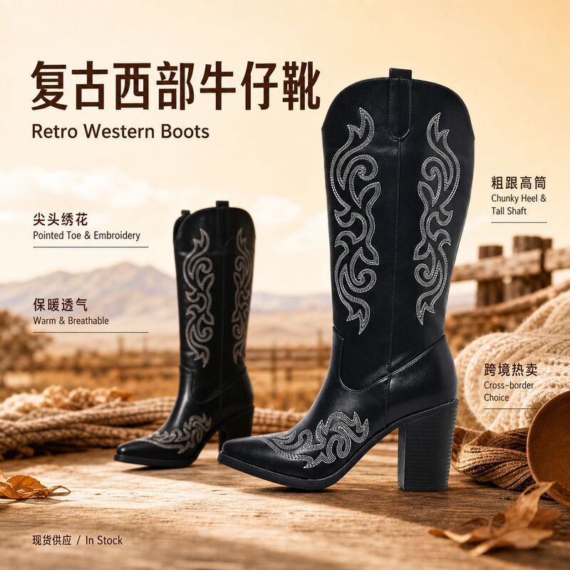 Autumn and Winter Thick-Heeled High Boots, Retro Foreign Trade Cross-Border Western Cowboy Boots, Women's Pointed-Toe Embroidered Fashion Boots Autumn and Winter Thick-Heeled High Boots, Retro Foreign Trade Cross-Border Western Cowboy Boots, Women's Pointed-Toe Embroidered Fashion Boots