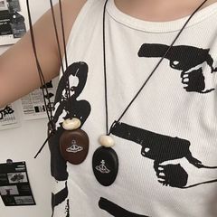 西太后土星木质吊坠项链简约高级感长款毛衣链时尚气质可调节项饰