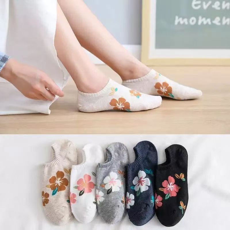 Spring and Summer Socks Women's Socks Ins Trendy Thin Small Flower Shallow Mouth Socks Sweat Absorbing Breathable Women's Invisible Socks Boat Socks