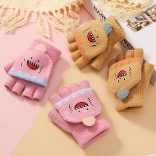Winter children and primary school students knitted gloves wholesale warm cold-proof half-finger flip cover for boys and girls to write with open fingers cute