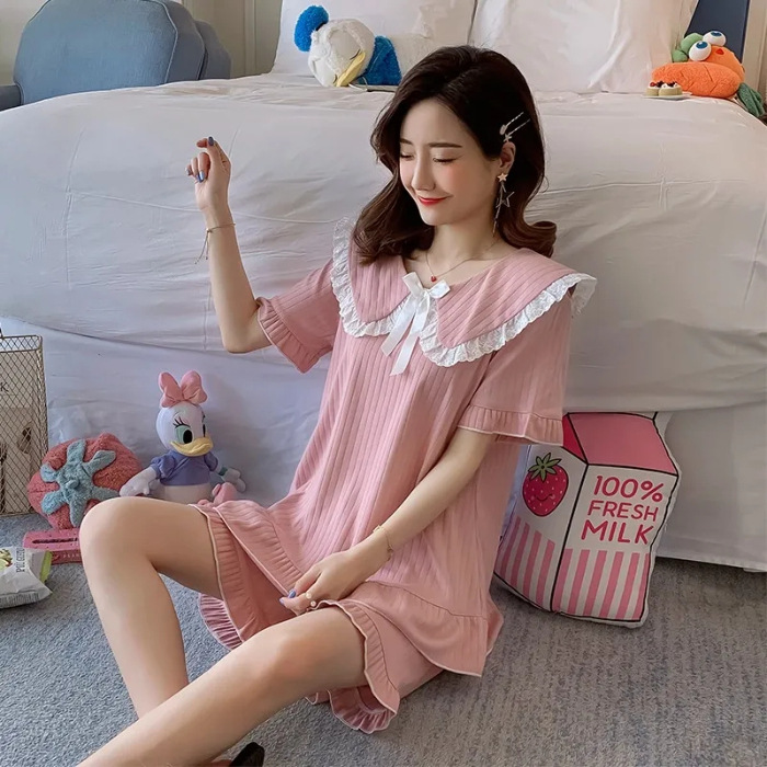 Pijama de mangas largas para mujeres sobre las rodillas pijama de viento primavera y otoño de hadas corte muñeca cuello princesa viento conjunto de verano