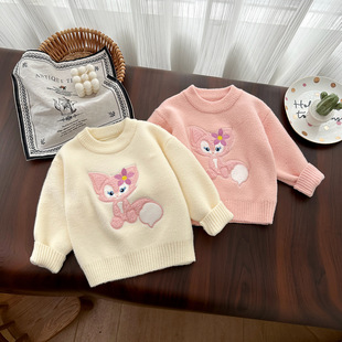 Children's fleece-lined padded winter sweater 2024 winter new one-piece velvet cartoon Korean pullover warm knit sweater