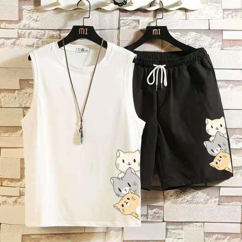 Vest Shorts Set Men's Fashion Brand Waistcoat T-Shirt Summer Sports Leisure Student Couple Shorts Set of 2 Pieces