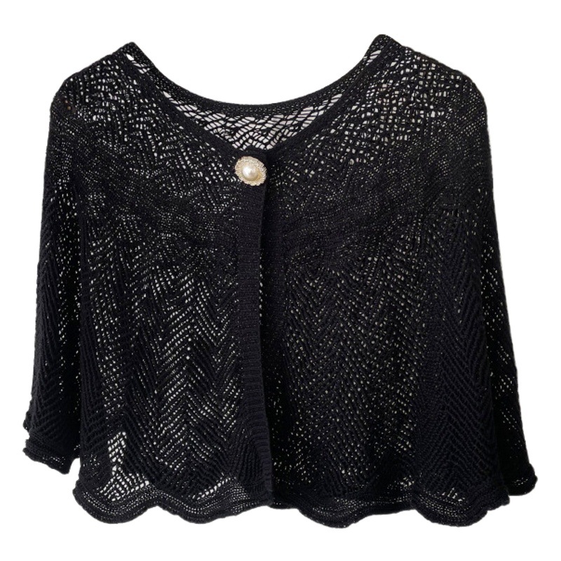 Mantón hueco de punto de verano de las mujeres sala de aire acondicionado de seda de hielo chal de punto elegante exterior perla Chaleco de color sólido