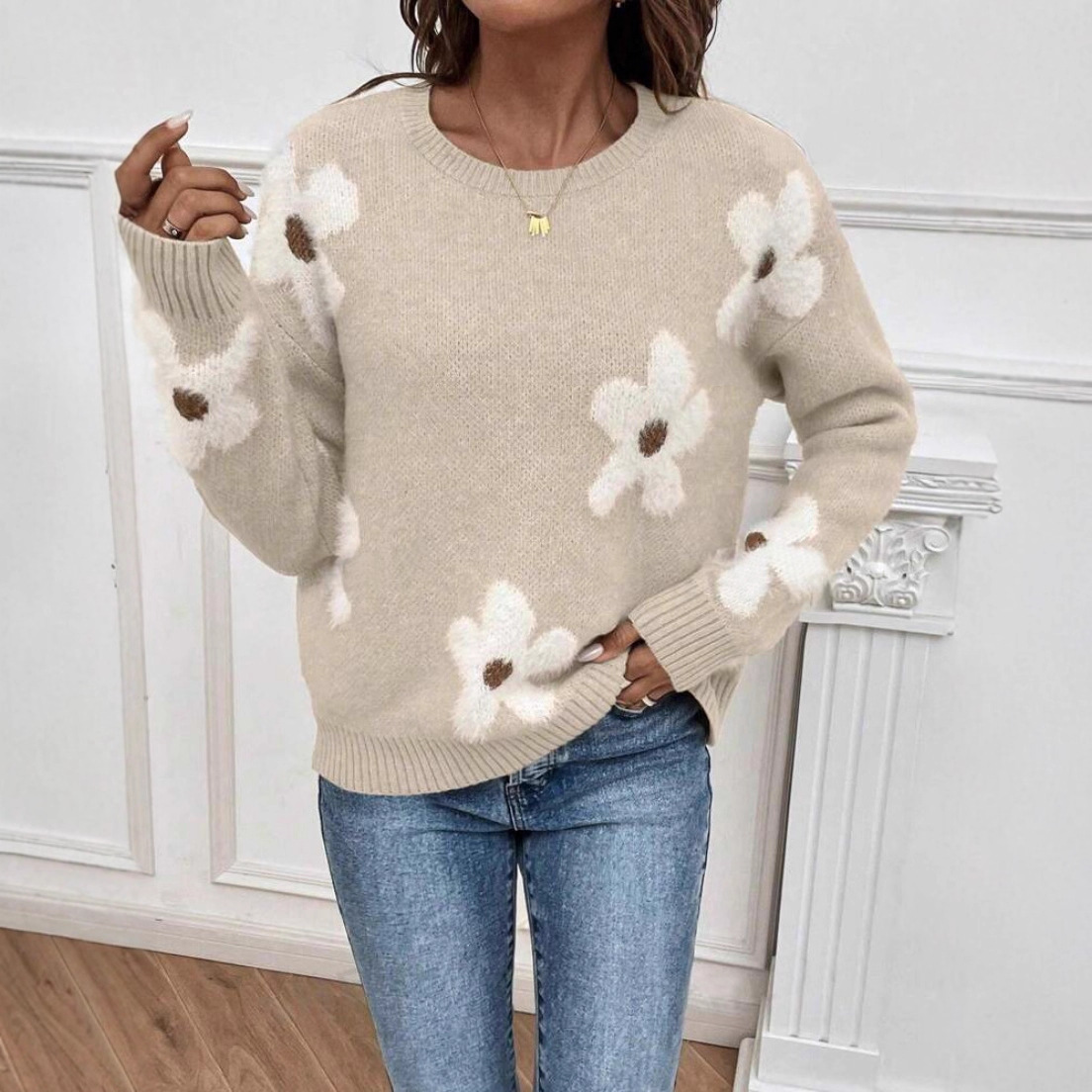 Amazon European and American Fashion Pullover Round Neck Long-Sleeved Sweater European and American Cross-Border Foreign Trade Flower Print Clothes for Women in Autum