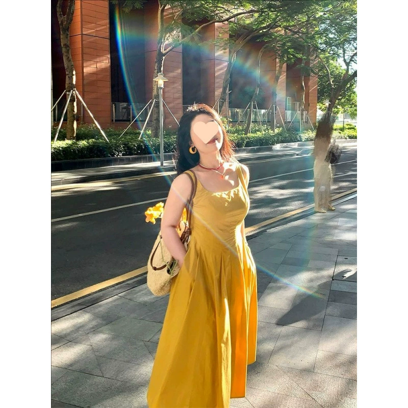 Нежный темперамент, французская желтая длинная юбка на подтяжках, новое летнее платье для похудения, большой размер, закрывает живот и свежий
