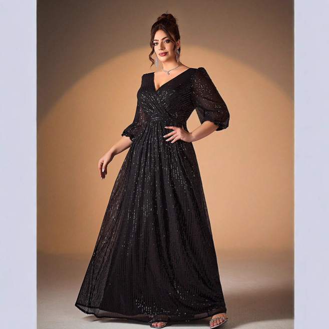 European and American Cross-Border New Large Size Evening Dress Sequined Elegant V Neck Mid-Sleeve Large Hem Slim Dress Banquet Dress