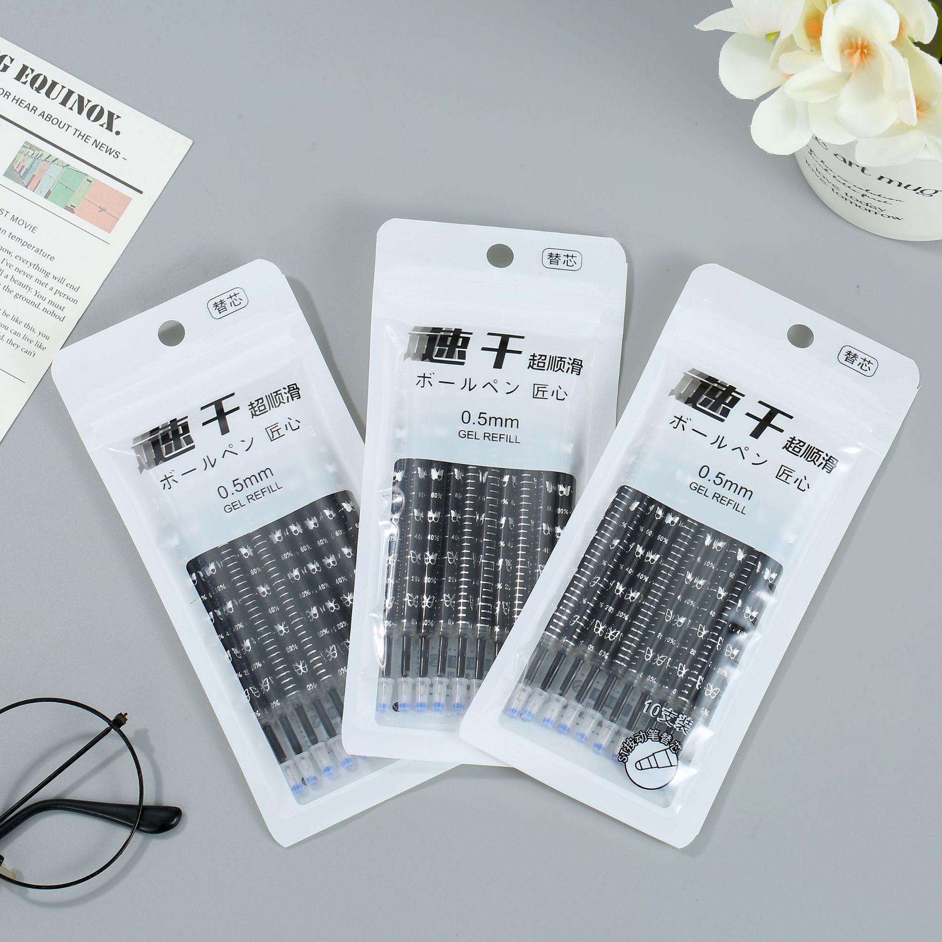 ST head replacement core black push pen refills 10 bags of large capacity push-to-press gourd head brush refills quick-drying