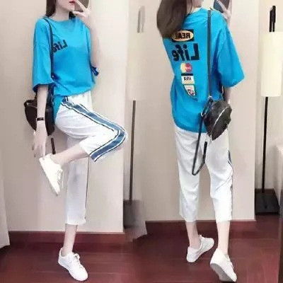 Shipped Nine-Point Pants Casual Sports Suit Women's Short-Sleeved T-Shirt 2025 Summer Fashion Two-Piece Set Trendy
