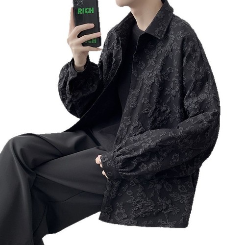 Chic Men's High-End Shirt with Korean Style Trendy Relief Print Design, Unique and Minimalist, Autumn/Winter 2025 New Arrival Shirt & Outerwear