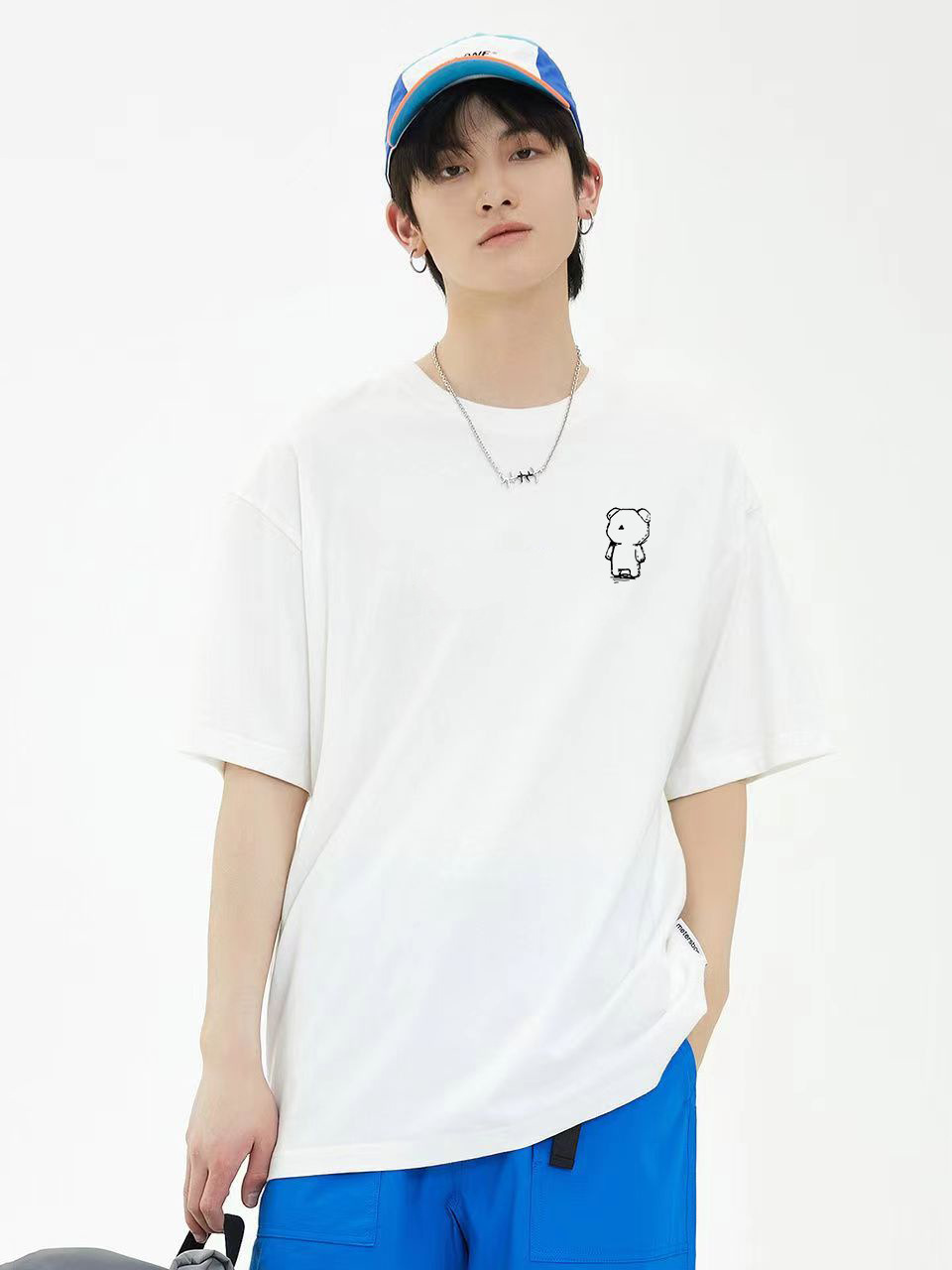 Hong Kong viento juvenil camiseta de verano de hombre blanco puro cuello redondo impresión multifacé casual vintage camiseta pareja