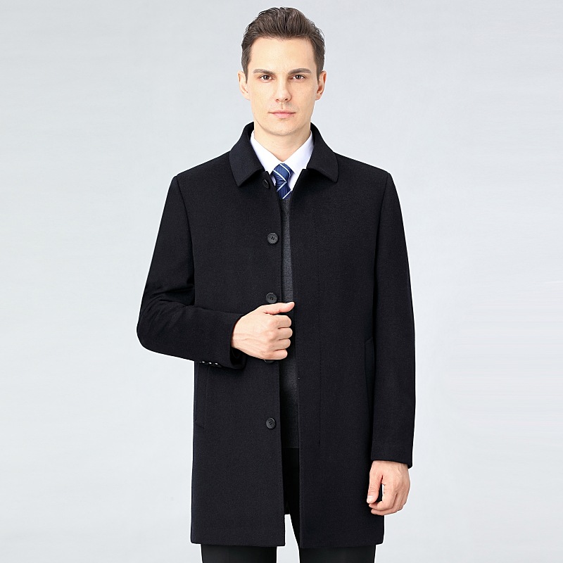 High-end business men's mid-length trench coat, woolen lapel, down-filled inner lining, double-sided cashmere overcoat.