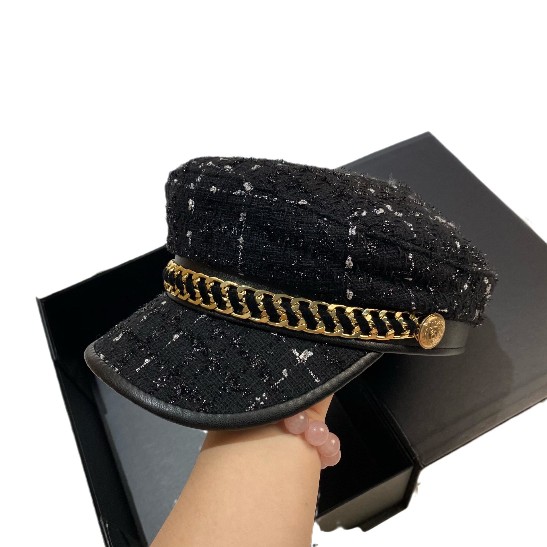 Xiaoxiangfeng Metallkette Marine Herbst und Winter glänzende Seide dicke Wolle vielseitige schwarze Zeitungsjungenmütze modische Unisex_voghion.com