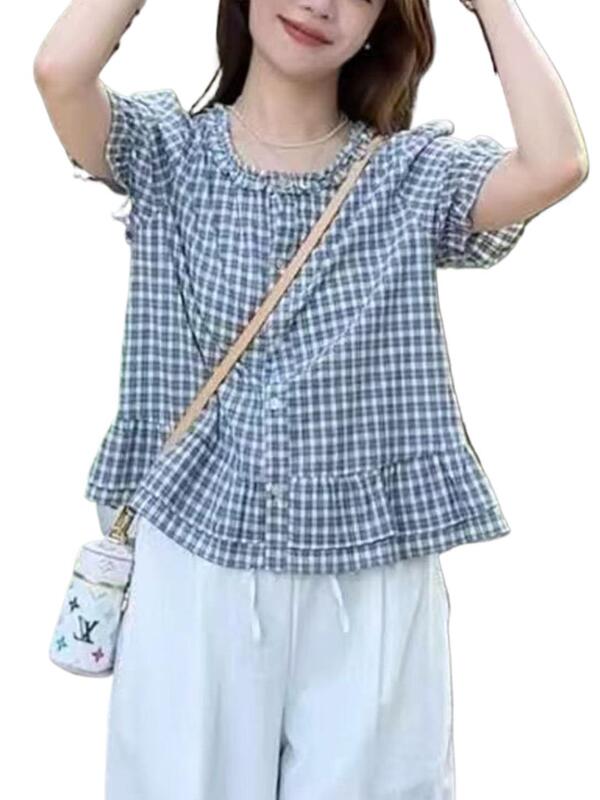 女性用耳介チェック柄コットンとリネン半袖シャツ2025新しい人気の夏シャツフレンチパフスリーブトップ|undefined