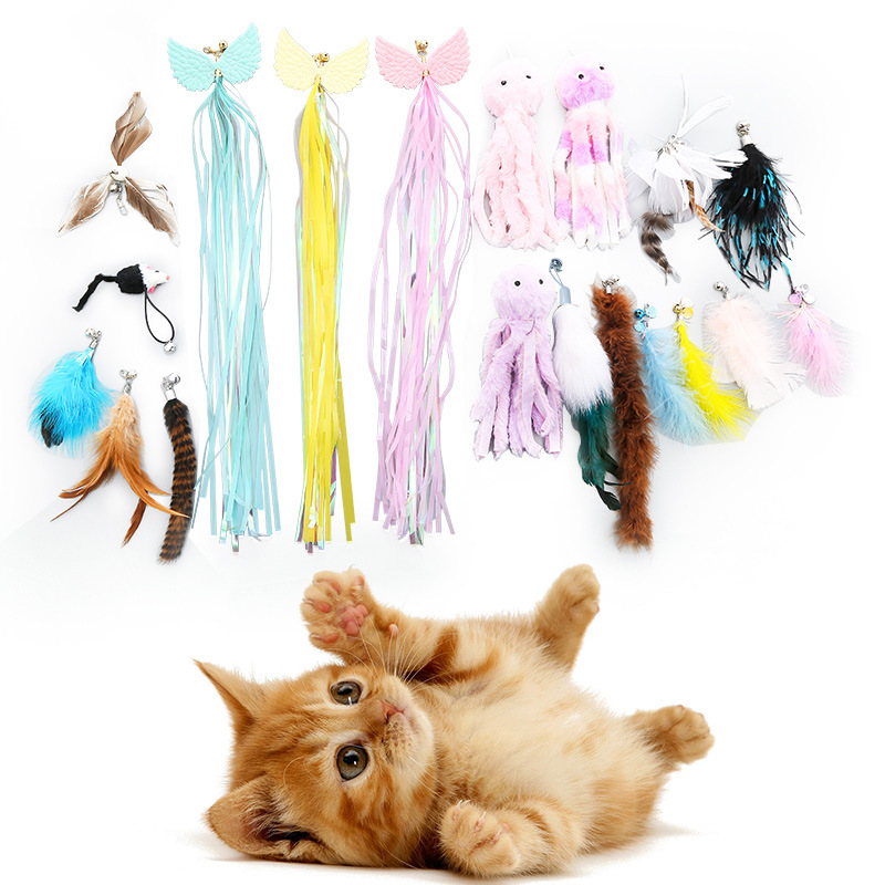 애완동물 용품 공장 도매 고양이 장난감 막대 깃털 컬러풀한 플러시 교체용 헤드 DIY 고양이 장난감