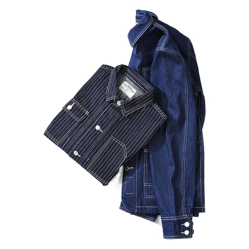 OKONKWO color primario Denim chaqueta de la chaqueta ameikaji multi-Bolsa de ropa de trabajo de ferrocarril retro a rayas chaqueta de la motocicleta