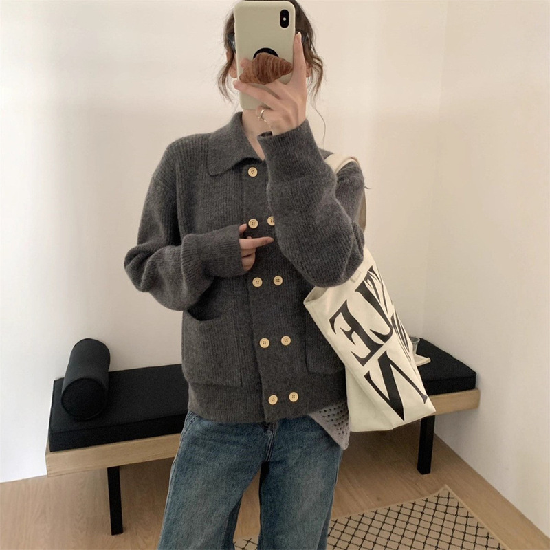 韩系翻领双排扣软糯毛衣开衫女2025秋冬新款短款针织外套宽松上衣|undefined