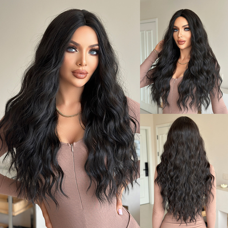 Exported to Europe, America and the Middle East Women's Wig Black Medium-Parted Long Curly Hair Smooth Synthetic High-Temperature Silk Wig Full Headgear
