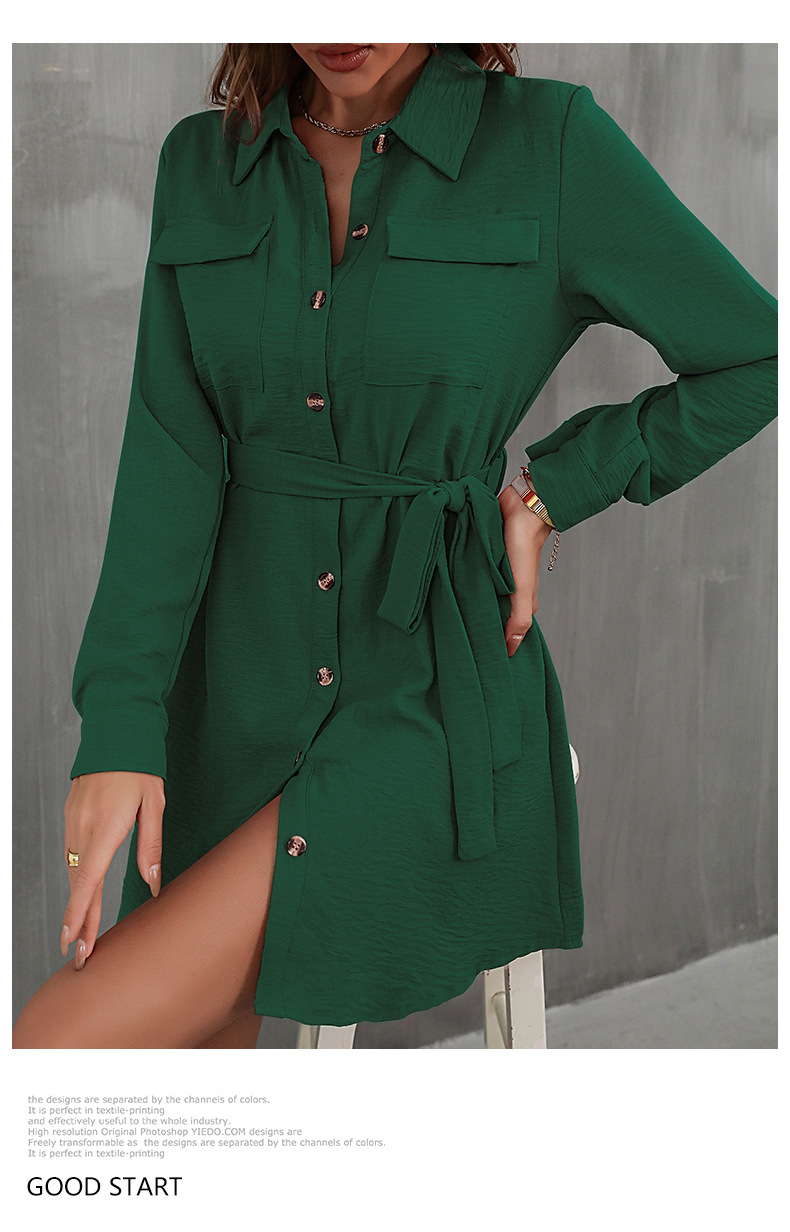 Rochie cămașă dama cu cordon în talie și guler pentru toamnă_voghion.com