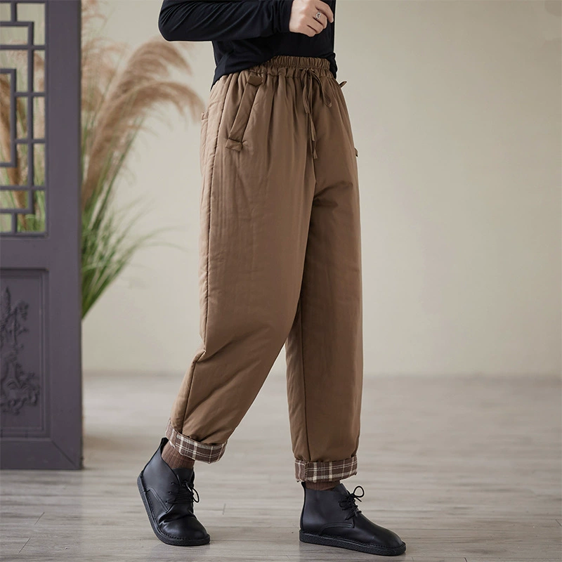 Зимние ретро эластичный обшитый шнуры хлопчатобумажные шаровары женские текстурные толстые хлопчатобумажные брюки Синьцзян длинный бархатный хлопок утолщенные хлопчатобумажные брюки теплые брюки