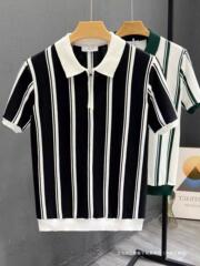 ヨーロッパの高級半袖ストライプコントラストカラーTシャツメンズ夏のファッションスリムニットセーターラペルハンサムトップ1/2枚