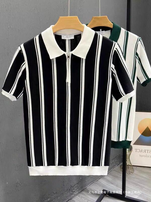 ヨーロッパの高級半袖ストライプコントラストカラーTシャツメンズ夏のファッションスリムニットセーターラペルハンサムトップ1/2枚|undefined