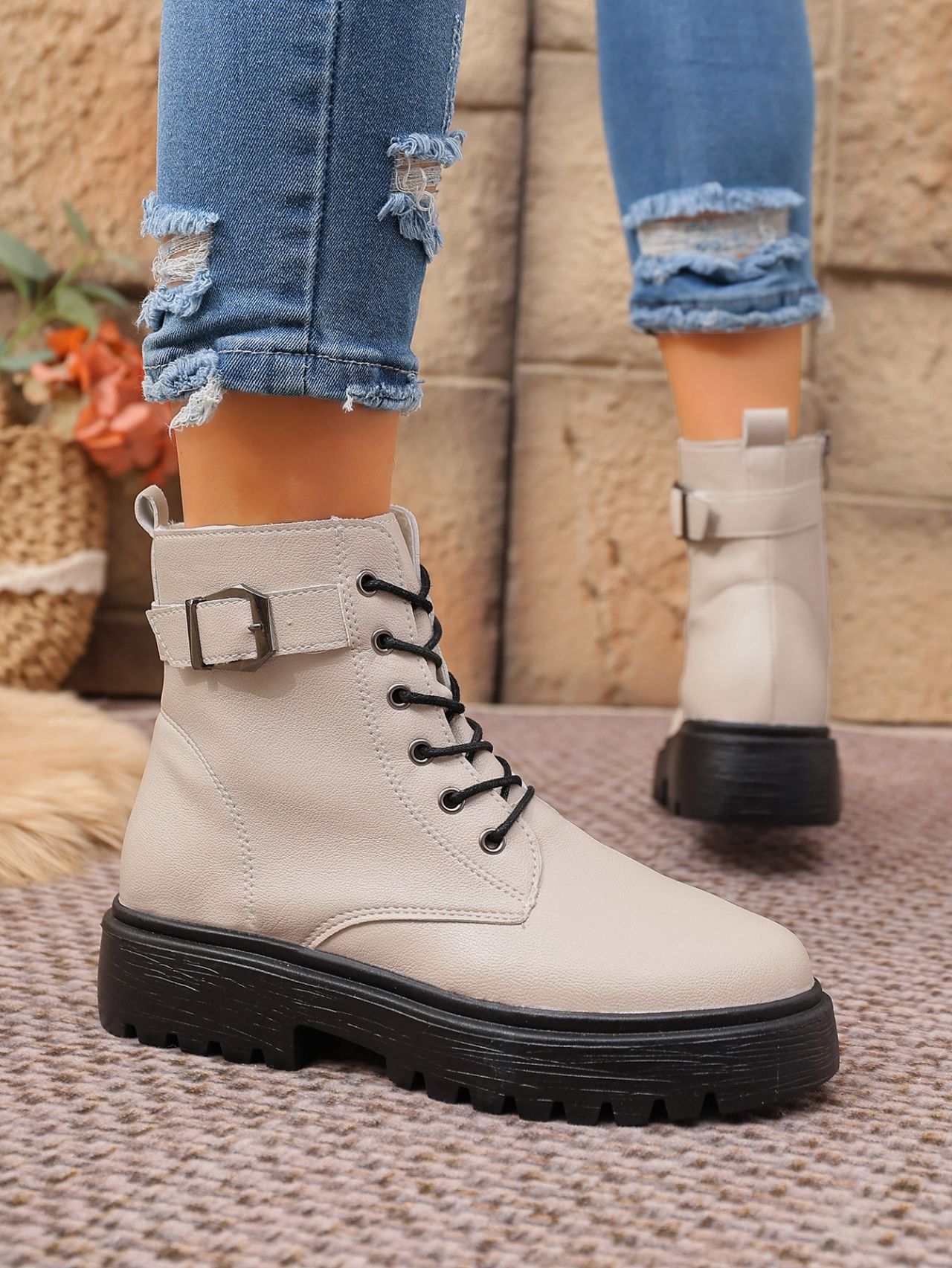Women's Round Toe Ankle Boots With Side Zipper And Belt Buckle_voghion.com