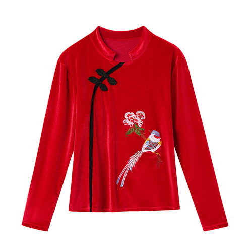 New Spring and Autumn Square Dance Costume Set, Dance Wear for Middle-Aged Adults, Gold Velvet Embroidered Performance Attire