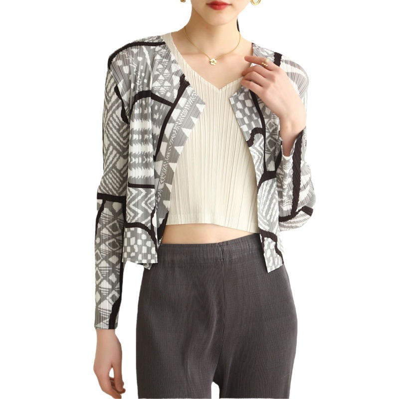 Contador de calidad otoño primavera Nueva gama alta plisado moda de la calle europea impreso cardigan versátil casual abrigo corto