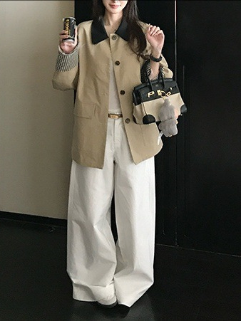 Skk Stoe 高智巴恩风 卡其色风衣撞色格纹拼接短款宽松外套女秋|undefined