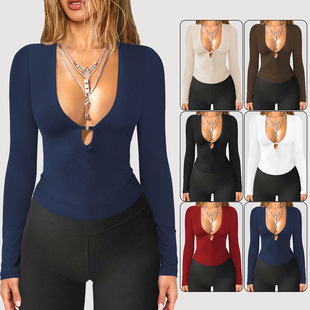 2026 Autumn Cross-Border Aliexpress New Deep V-Neck Hollow-Out Y2K Hot Girl Sexy Fashionable Slim Fit Long Sleeve