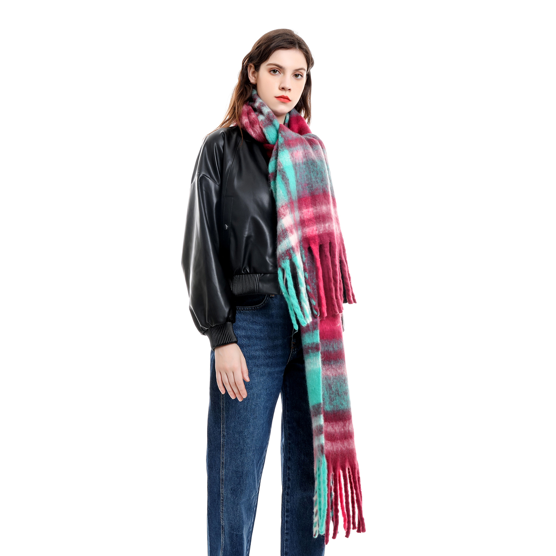 Las mujeres de estilo coreano Arco Iris bufanda a cuadros Otoño e Invierno Cachemira color a juego borla bufanda engrosada moda